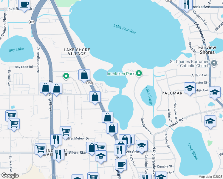 map of restaurants, bars, coffee shops, grocery stores, and more near 4101 Fairview Vista Point in Orlando