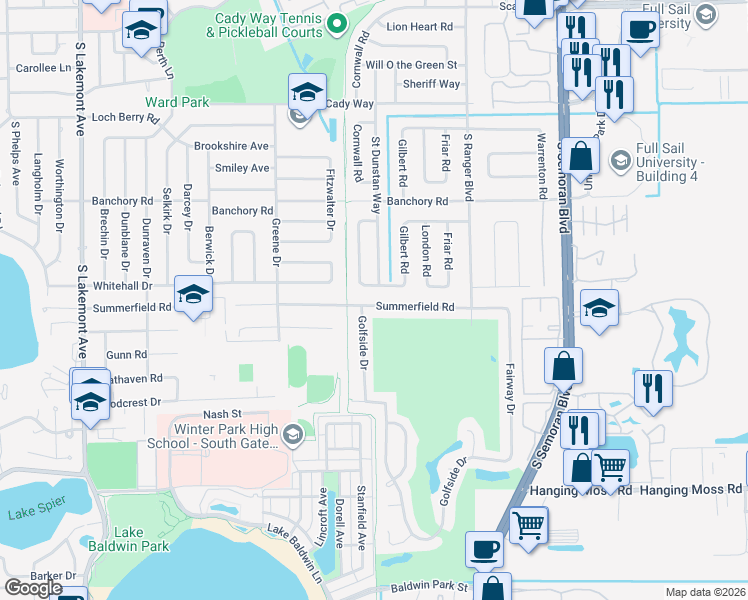map of restaurants, bars, coffee shops, grocery stores, and more near 2704 Summerfield Road in Winter Park