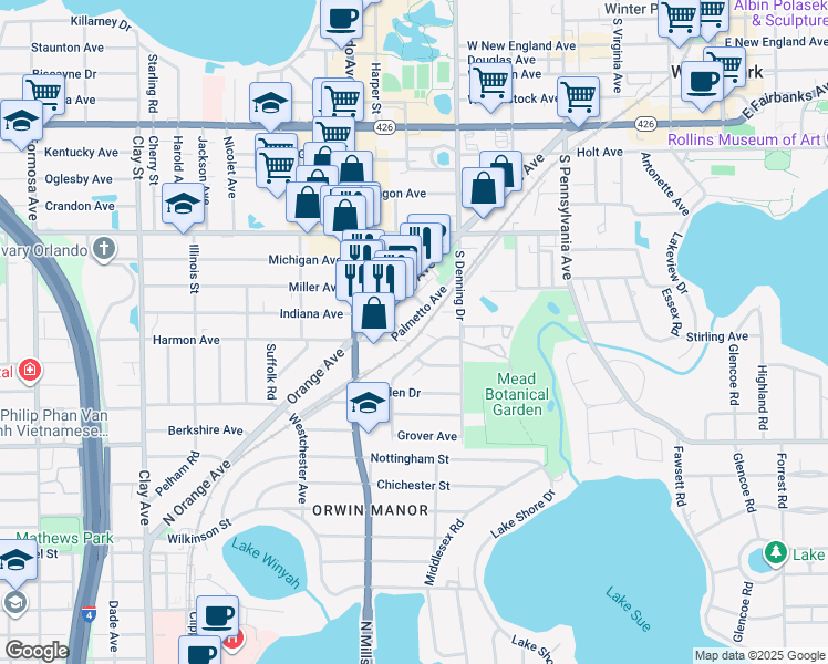 map of restaurants, bars, coffee shops, grocery stores, and more near 1339 Orchid Avenue in Winter Park