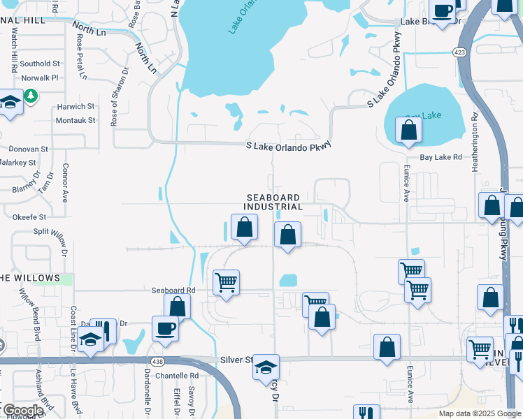 map of restaurants, bars, coffee shops, grocery stores, and more near 3402 Shader Road in Orlando