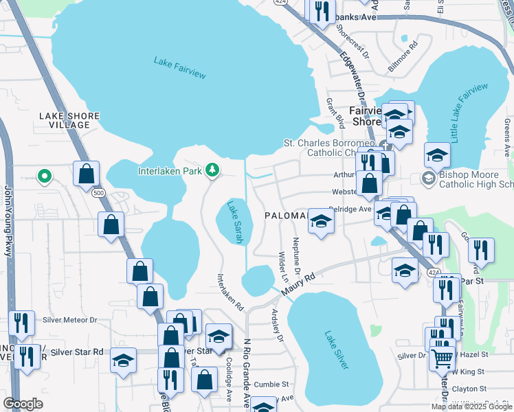 map of restaurants, bars, coffee shops, grocery stores, and more near 3812 Lake Sarah Drive in Orlando
