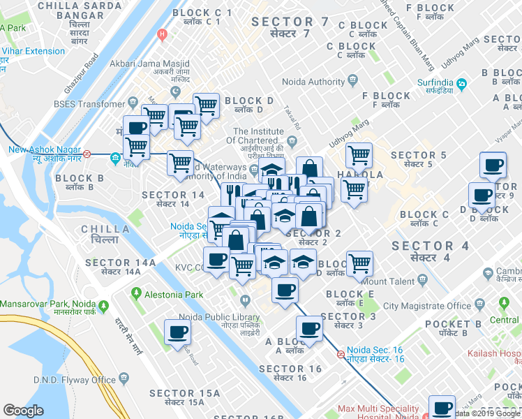 map of restaurants, bars, coffee shops, grocery stores, and more near in Noida