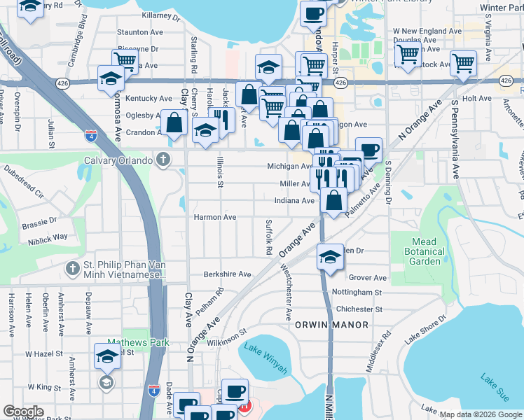 map of restaurants, bars, coffee shops, grocery stores, and more near 1330 Buckingham Road in Winter Park