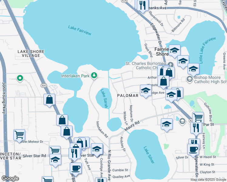 map of restaurants, bars, coffee shops, grocery stores, and more near 3812 Lake Sarah Drive in Orlando