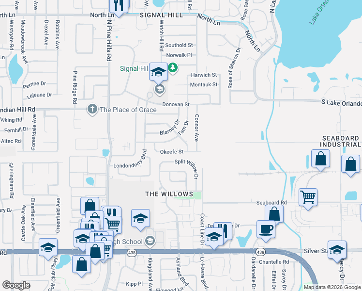 map of restaurants, bars, coffee shops, grocery stores, and more near 4802 Okeefe Street in Orlando