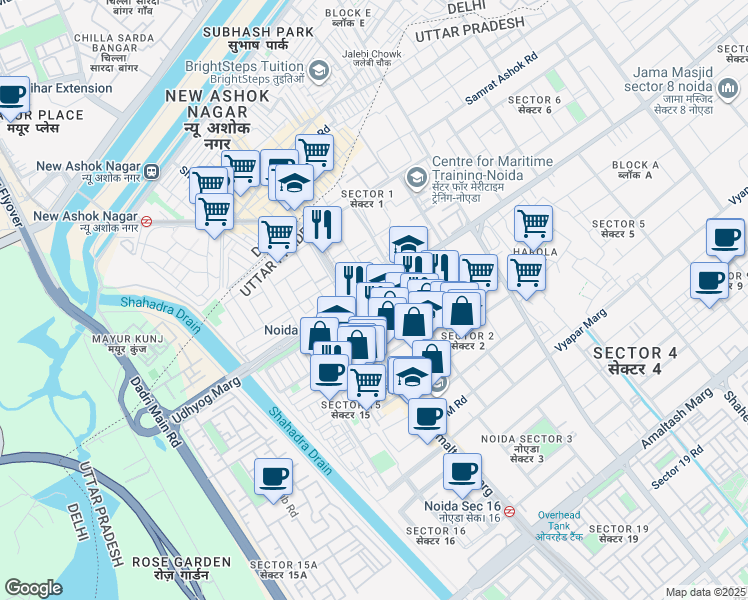 map of restaurants, bars, coffee shops, grocery stores, and more near 2 Udhyog Marg in Noida