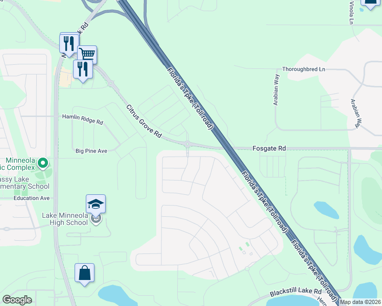 map of restaurants, bars, coffee shops, grocery stores, and more near 1273 Zeek Ridge Street in Minneola