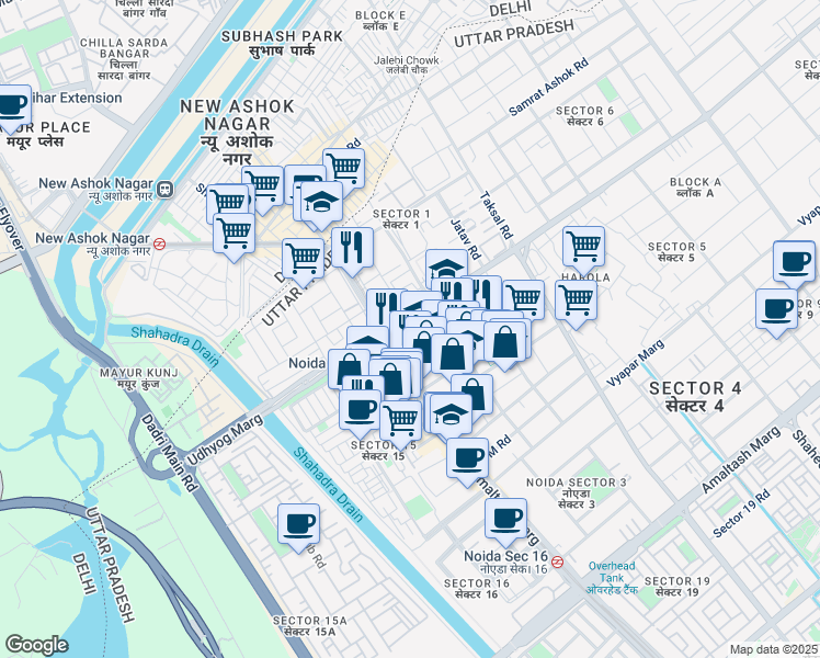 map of restaurants, bars, coffee shops, grocery stores, and more near 2 Udhyog Marg in Noida