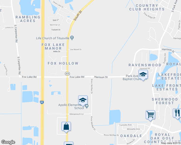 map of restaurants, bars, coffee shops, grocery stores, and more near 3370 Fox Lake Road in Titusville