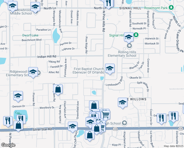 map of restaurants, bars, coffee shops, grocery stores, and more near 5240 Champagne Circle in Pine Hills