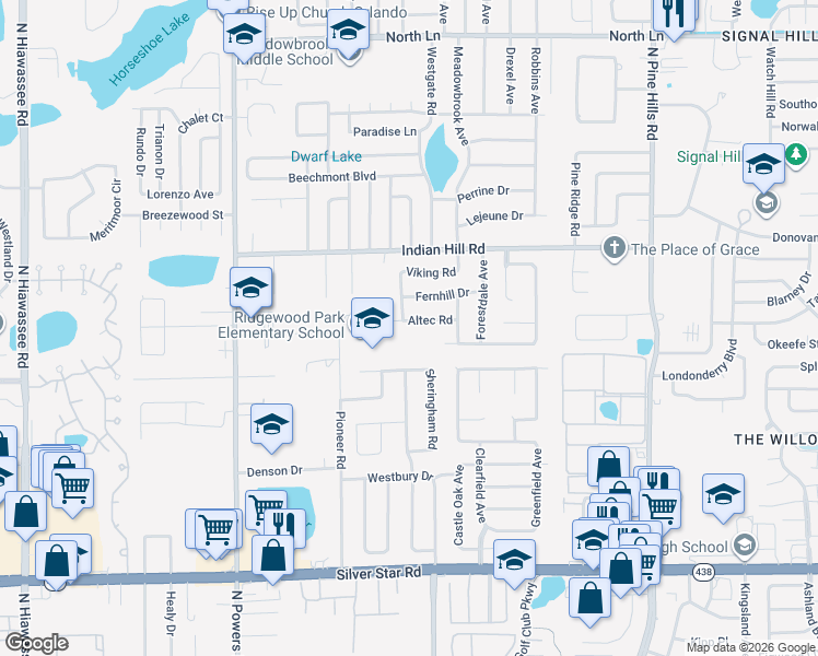 map of restaurants, bars, coffee shops, grocery stores, and more near 5906 Fernhill Drive in Orlando