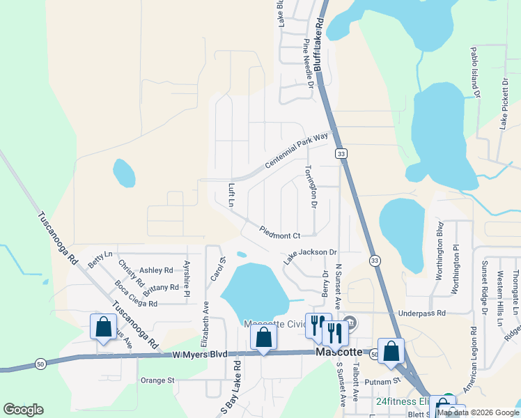 map of restaurants, bars, coffee shops, grocery stores, and more near 1179 Moyle Way in Mascotte