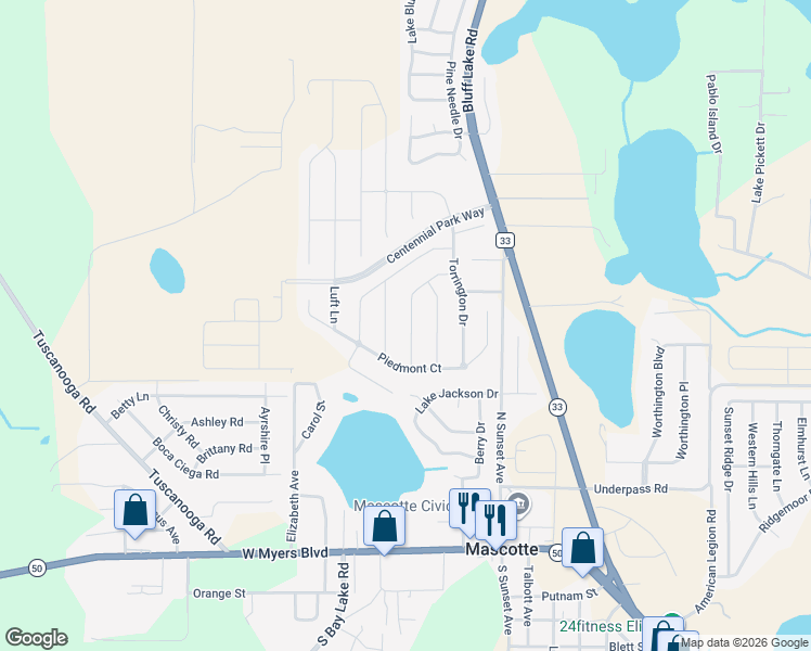map of restaurants, bars, coffee shops, grocery stores, and more near 1116 Union Avenue in Mascotte