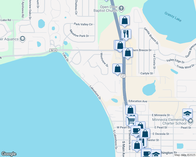 map of restaurants, bars, coffee shops, grocery stores, and more near 587 Summerwood Drive in Minneola