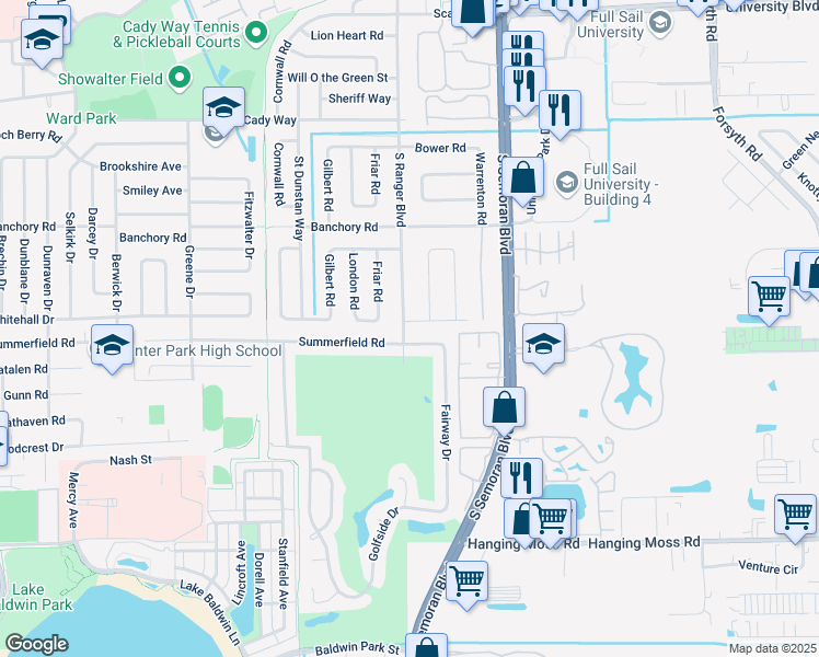 map of restaurants, bars, coffee shops, grocery stores, and more near 739 Roughbeard Road in Winter Park