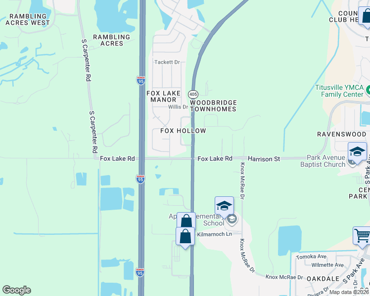 map of restaurants, bars, coffee shops, grocery stores, and more near 3506 Fox Hollow Drive in Titusville
