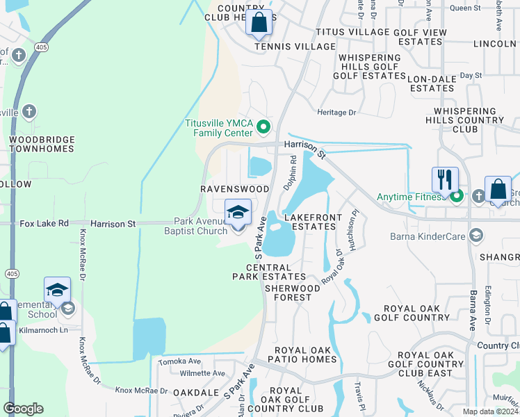 map of restaurants, bars, coffee shops, grocery stores, and more near 2441 Larkwood Road in Titusville