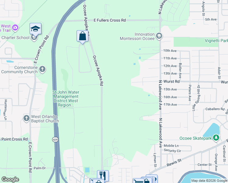 map of restaurants, bars, coffee shops, grocery stores, and more near 1059 Ocoee Apopka Road in Ocoee