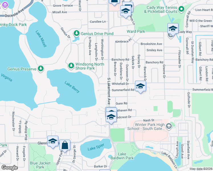 map of restaurants, bars, coffee shops, grocery stores, and more near 1835 Whitehall Drive in Winter Park