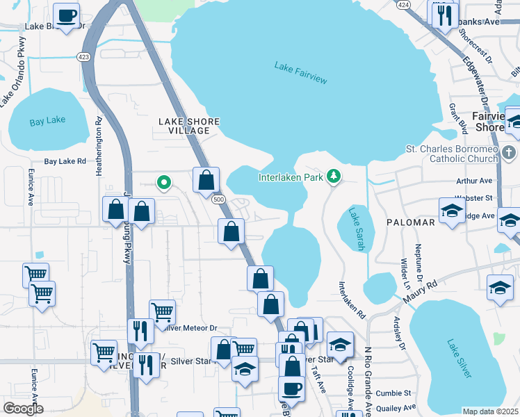 map of restaurants, bars, coffee shops, grocery stores, and more near 4117 Fairview Vista Point in Orlando