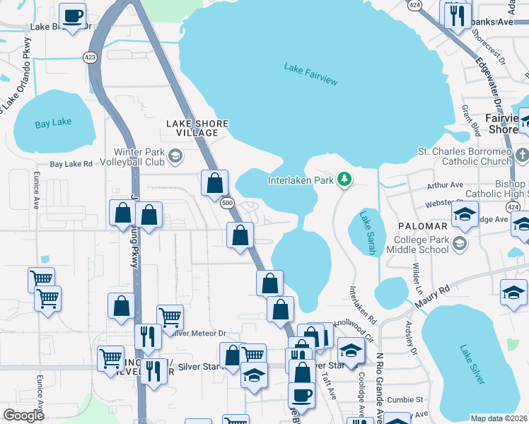 map of restaurants, bars, coffee shops, grocery stores, and more near 2834-3416 Aquatic Dr in Orlando