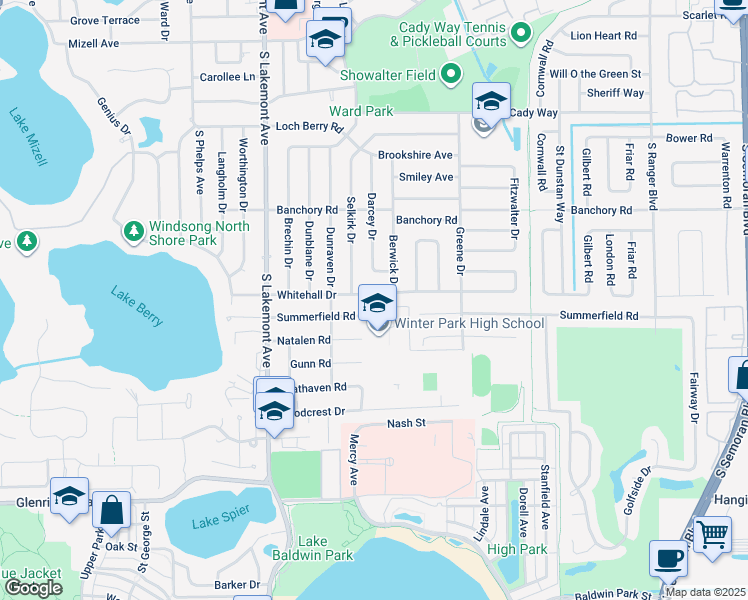 map of restaurants, bars, coffee shops, grocery stores, and more near 2178 Whitehall Drive in Winter Park