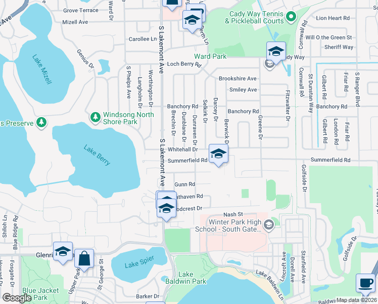 map of restaurants, bars, coffee shops, grocery stores, and more near 2010 Whitehall Drive in Winter Park
