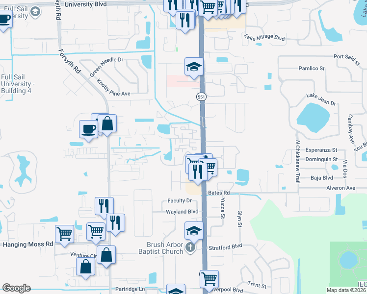 map of restaurants, bars, coffee shops, grocery stores, and more near 3275 Forest Oaks Court in Winter Park