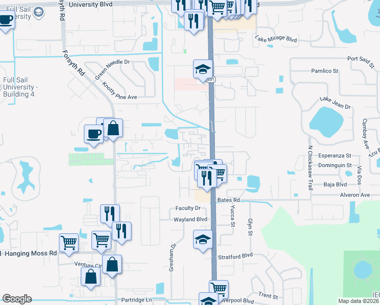 map of restaurants, bars, coffee shops, grocery stores, and more near 3275 Forest Oaks Court in Winter Park