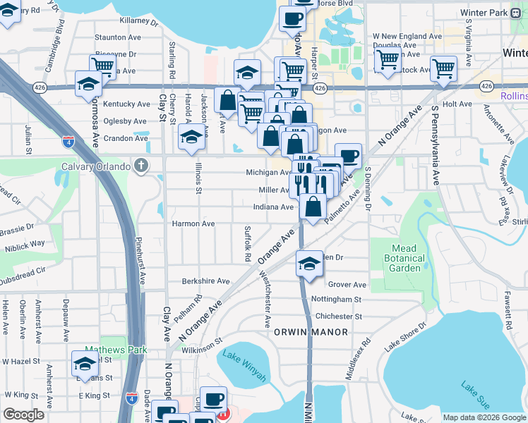 map of restaurants, bars, coffee shops, grocery stores, and more near 1335 Indiana Avenue in Winter Park