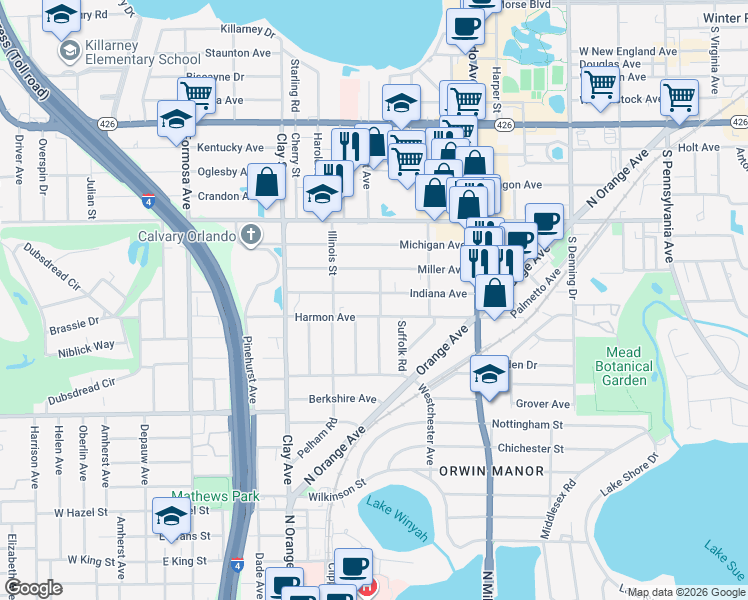 map of restaurants, bars, coffee shops, grocery stores, and more near 1150 Wisconsin Avenue in Winter Park