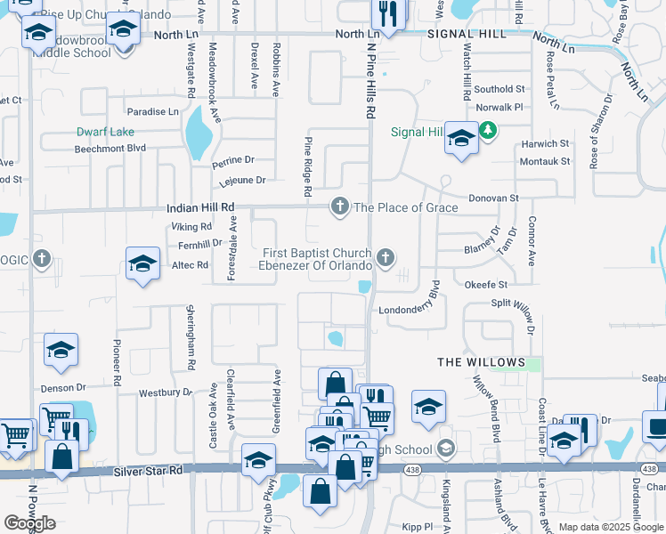 map of restaurants, bars, coffee shops, grocery stores, and more near 5240 Champagne Circle in Pine Hills