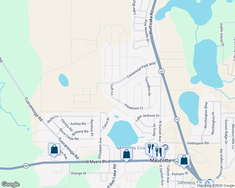 map of restaurants, bars, coffee shops, grocery stores, and more near 1179 Moyle Way in Mascotte