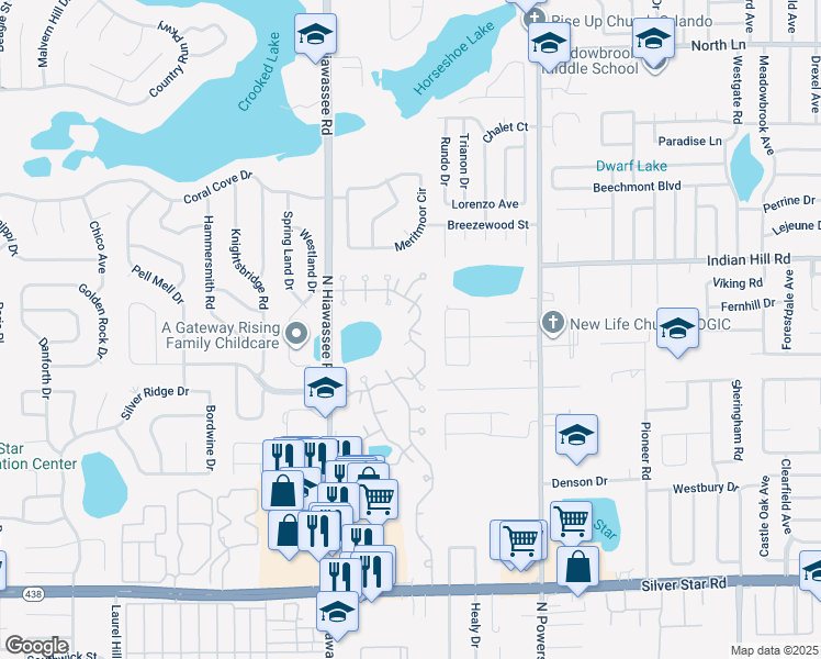 map of restaurants, bars, coffee shops, grocery stores, and more near 6589 Stardust Lane in Pine Hills