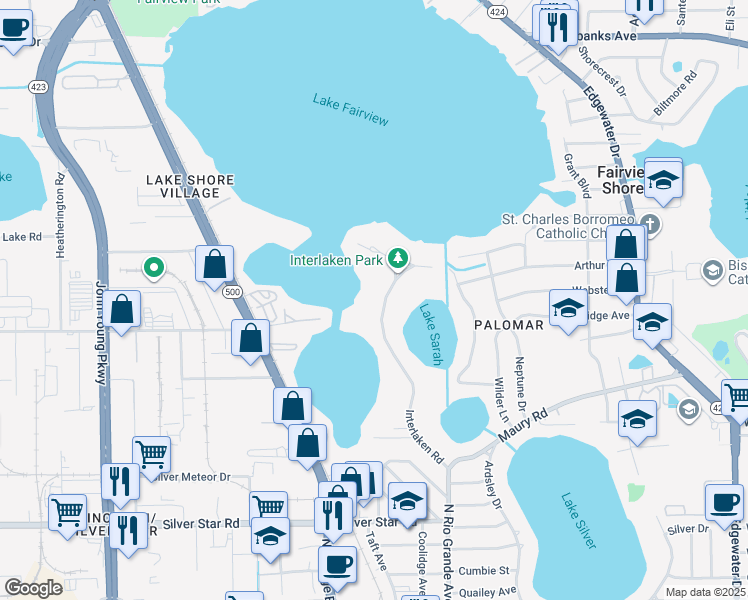 map of restaurants, bars, coffee shops, grocery stores, and more near 51 Interlaken Road in Orlando