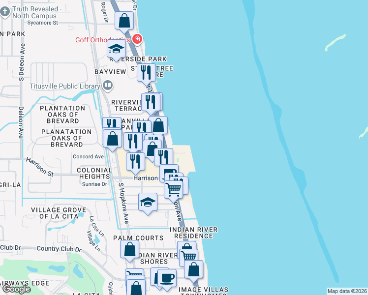 map of restaurants, bars, coffee shops, grocery stores, and more near 2465 South Washington Avenue in Titusville
