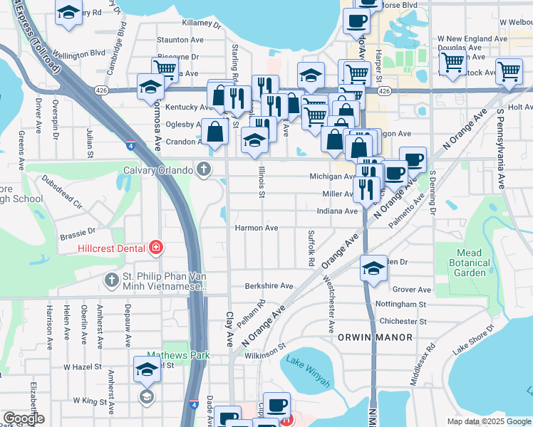 map of restaurants, bars, coffee shops, grocery stores, and more near 1545 Indiana Avenue in Winter Park