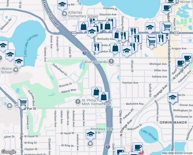 map of restaurants, bars, coffee shops, grocery stores, and more near 2007 Miller Avenue in Winter Park