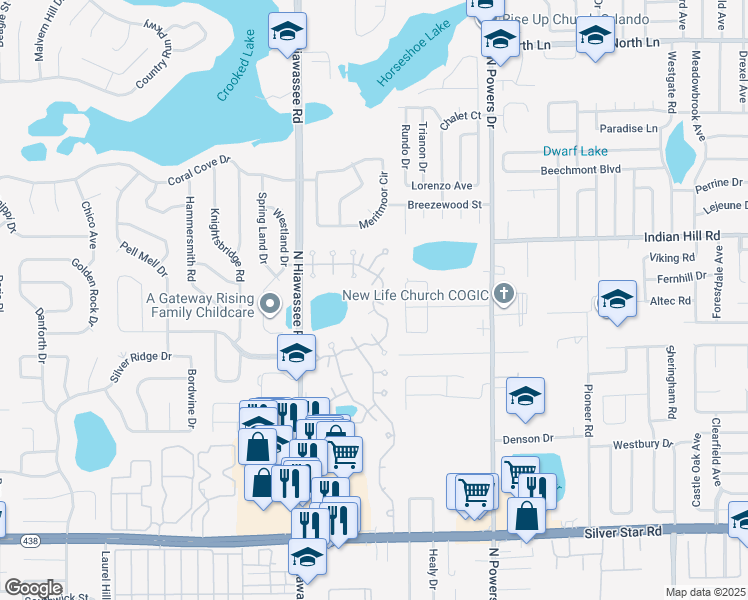 map of restaurants, bars, coffee shops, grocery stores, and more near 6589 Stardust Lane in Pine Hills