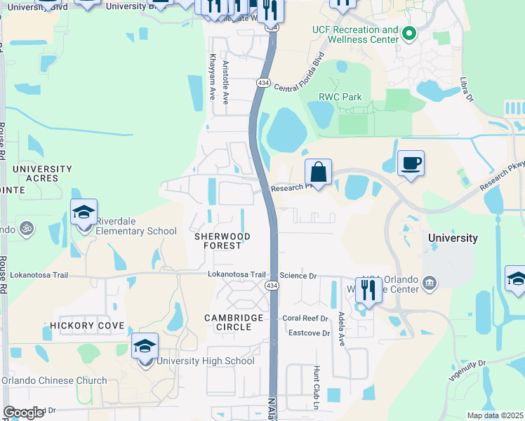 map of restaurants, bars, coffee shops, grocery stores, and more near 12000-12066 Coed Way in Orlando