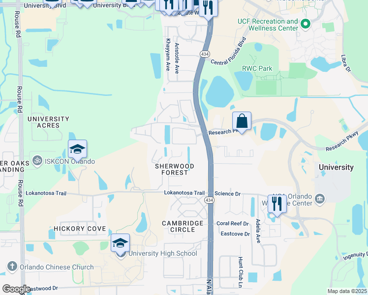 map of restaurants, bars, coffee shops, grocery stores, and more near 3321 Vishaal Drive in Orlando