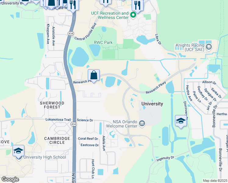 map of restaurants, bars, coffee shops, grocery stores, and more near 12150 Research Parkway in Orlando