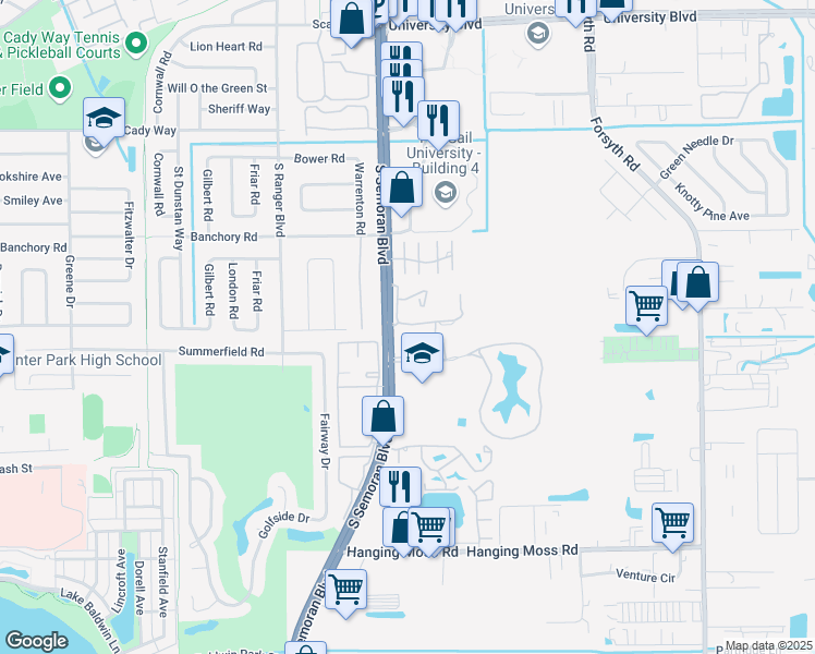 map of restaurants, bars, coffee shops, grocery stores, and more near 228 Scottsdale Square in Winter Park