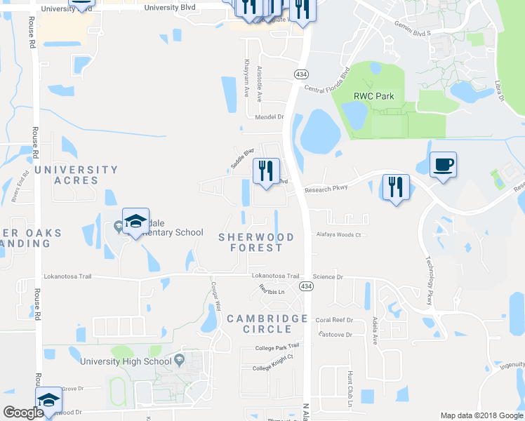 map of restaurants, bars, coffee shops, grocery stores, and more near 11610-11684 Jefferson Commons Circle in Orlando