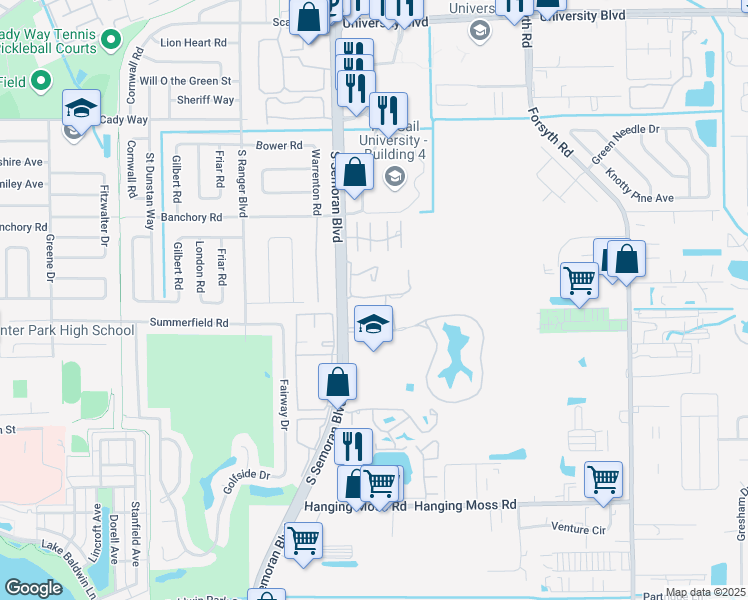 map of restaurants, bars, coffee shops, grocery stores, and more near 217 Scottsdale Square in Winter Park