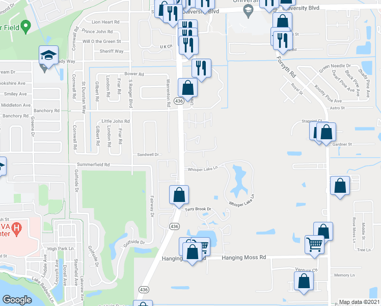 map of restaurants, bars, coffee shops, grocery stores, and more near 217 Scottsdale Square in Winter Park