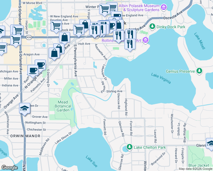 map of restaurants, bars, coffee shops, grocery stores, and more near 1252 Essex Road in Winter Park