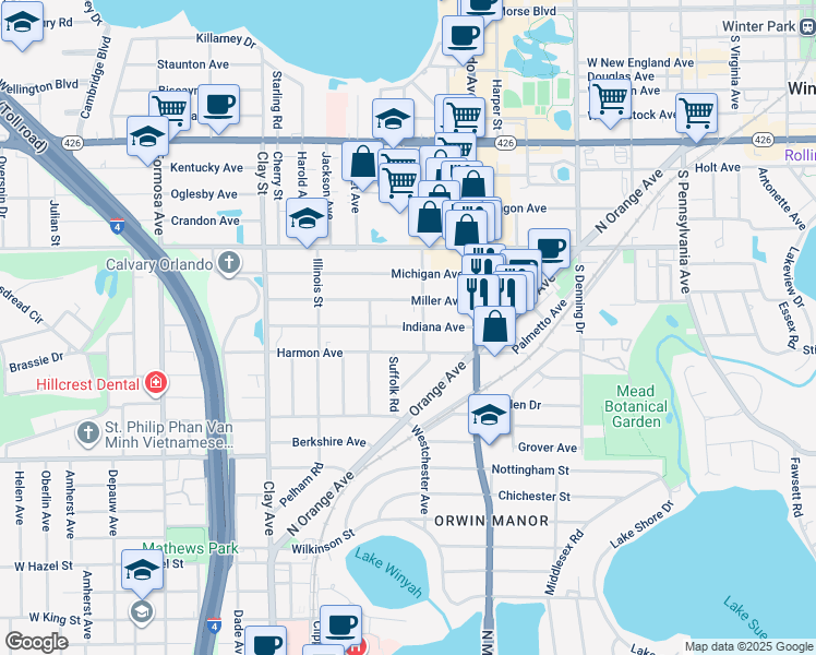 map of restaurants, bars, coffee shops, grocery stores, and more near 1335 Indiana Avenue in Winter Park