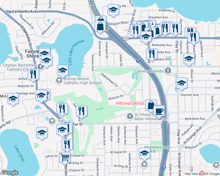 map of restaurants, bars, coffee shops, grocery stores, and more near 3610 Dubsdread Circle in Orlando