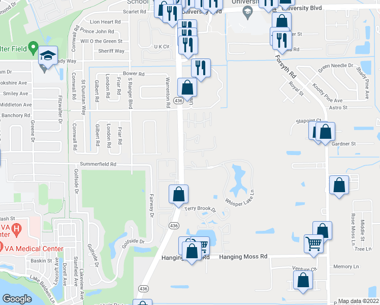 map of restaurants, bars, coffee shops, grocery stores, and more near 217 Scottsdale Square in Winter Park